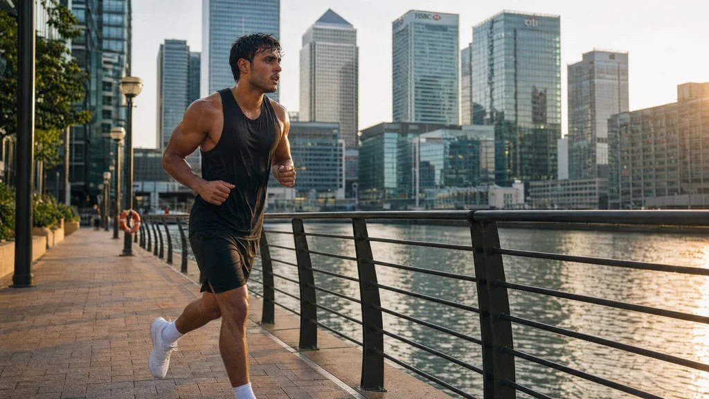Runner training beside the water in Canary Wharf